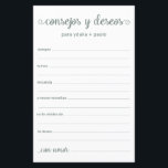 Advice and Wishes Spanish<br><div class="desc">These simple, eucalyptus coloured, modern, minimal, handwritten script Spanish Advice & Wishes/Consejos y Deseos sheets are perfect to have bridal shower, rehearsal dinner or wedding guests fill out for the happy couple. People will love having the prompts - they make it so easy to leave loving words of advice and...</div>