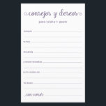 Advice and Wishes Spanish<br><div class="desc">These simple, dusty purple, modern, minimal, handwritten script Spanish Advice & Wishes/Consejos y Deseos sheets are perfect to have bridal shower, rehearsal dinner or wedding guests fill out for the happy couple. People will love having the prompts - they make it so easy to leave loving words of advice and...</div>