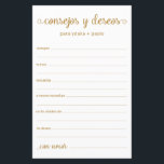 Advice and Wishes Spanish<br><div class="desc">These simple, gold, modern, minimal, handwritten script Spanish Advice & Wishes/Consejos y Deseos sheets are perfect to have bridal shower, rehearsal dinner or wedding guests fill out for the happy couple. People will love having the prompts - they make it so easy to leave loving words of advice and well...</div>