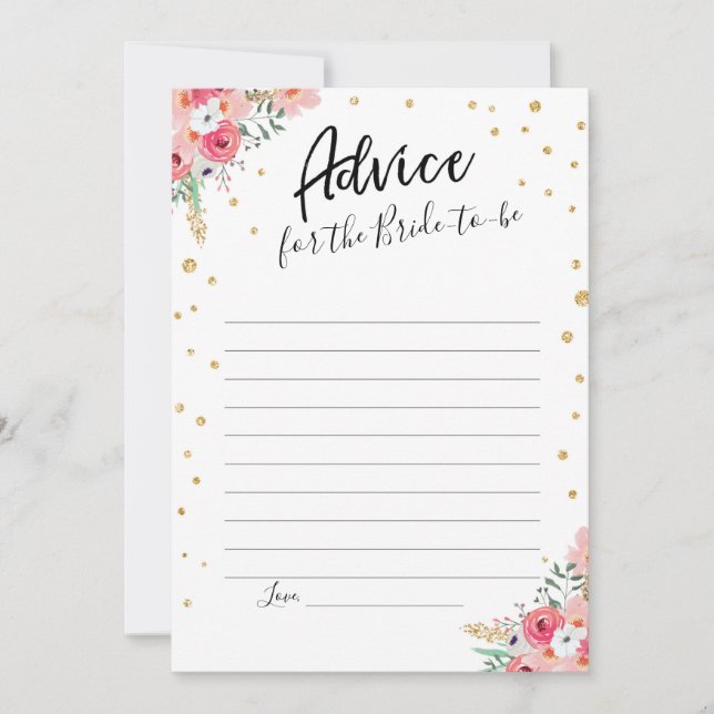Advice Card Pink Floral Gold Travel Bridal Shower (Front)