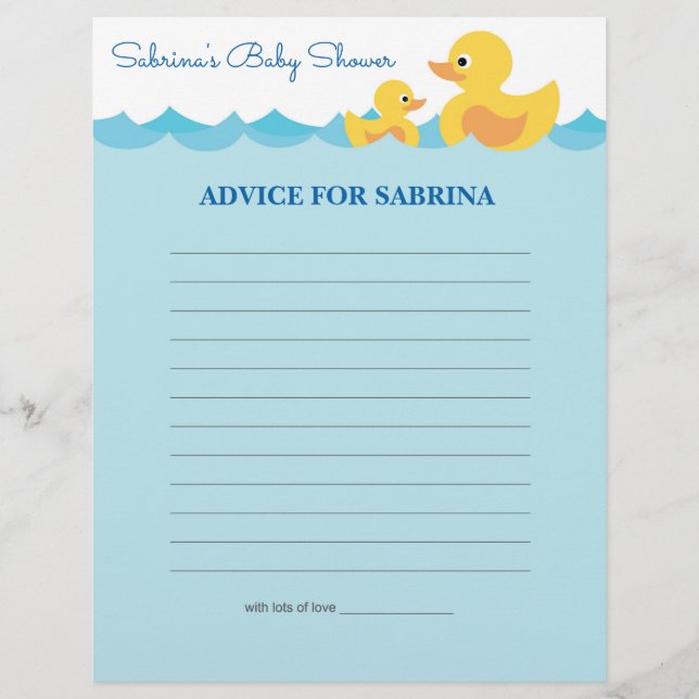 Advice for Mum To Be Rubber Duck Baby Shower Game (Front)