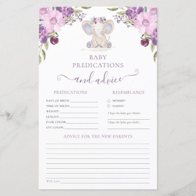 Advice for Parents Elephant Girl Baby Shower Game (Front)