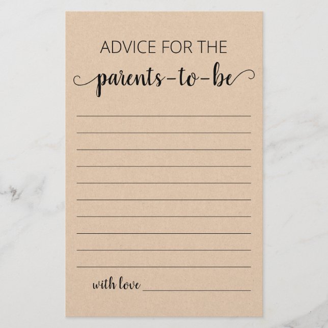 Advice for parents to be Baby Shower party game (Front)
