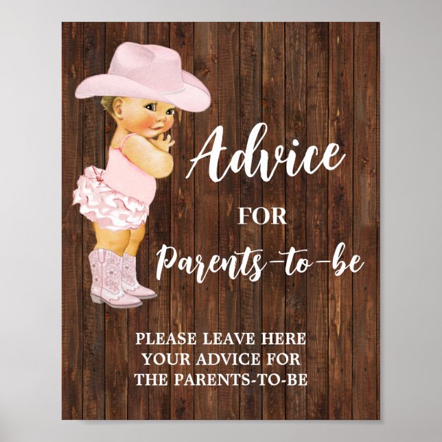 Advice for Parents to Be Cowgirl Baby Shower Sign (Front)