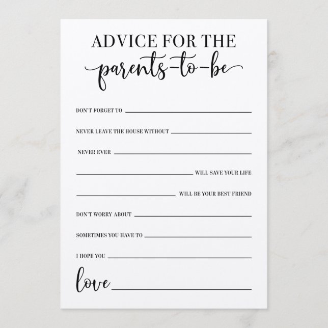 Advice For The Parents-To-Be Baby Shower Game Programme (Front)