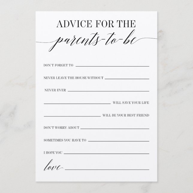 Advice For The Parents-To-Be Baby Shower Game Programme (Front)