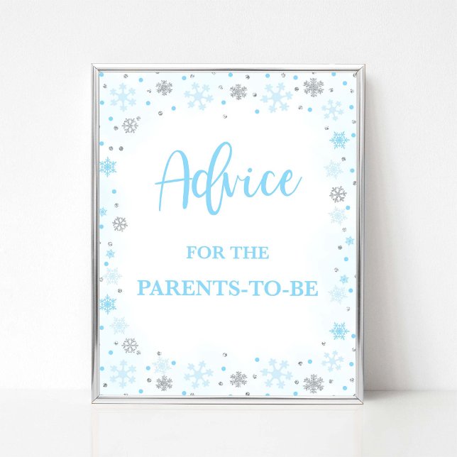 Advice for the Parents to Be Winter Blue Sign (Winter Advice for the Parents to  Be Shower Sign, Blue & Silver Glitter Snowflakes Theme)