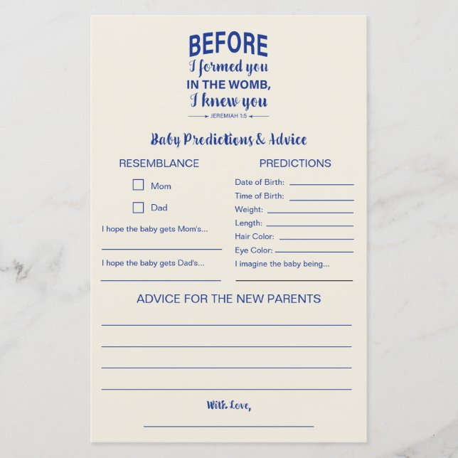 Advice & Predictions Bible Verse Baby shower Game (Front)