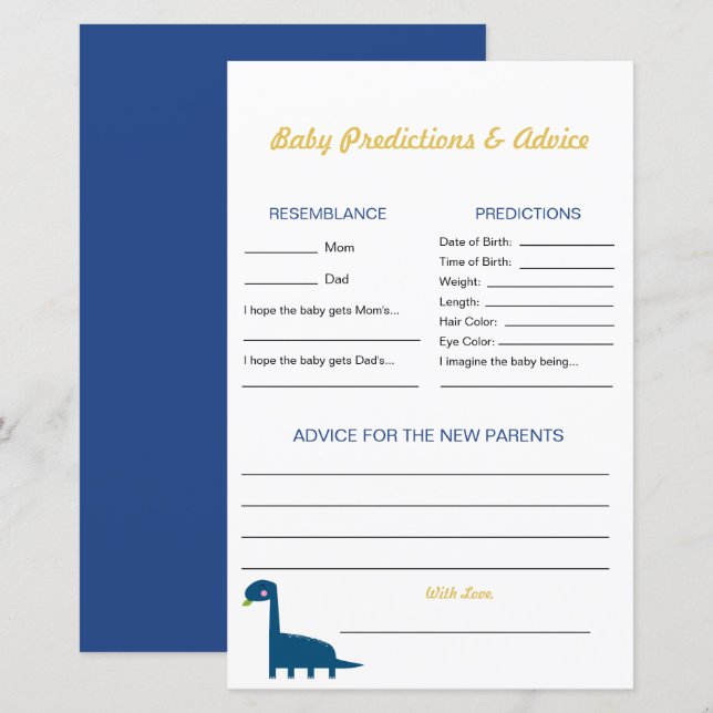 Advice & Predictions Dinosaur Baby shower Game (Front/Back)