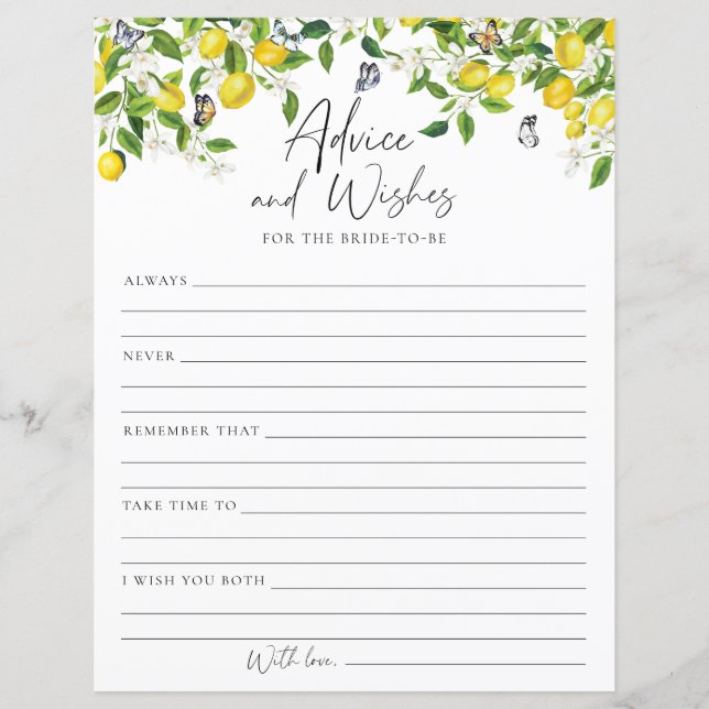 Advice Wishes Lemon Bridal Shower Game (Front)