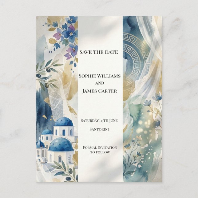 Aegean Blue Santorini Save The Date Postcard (Front)