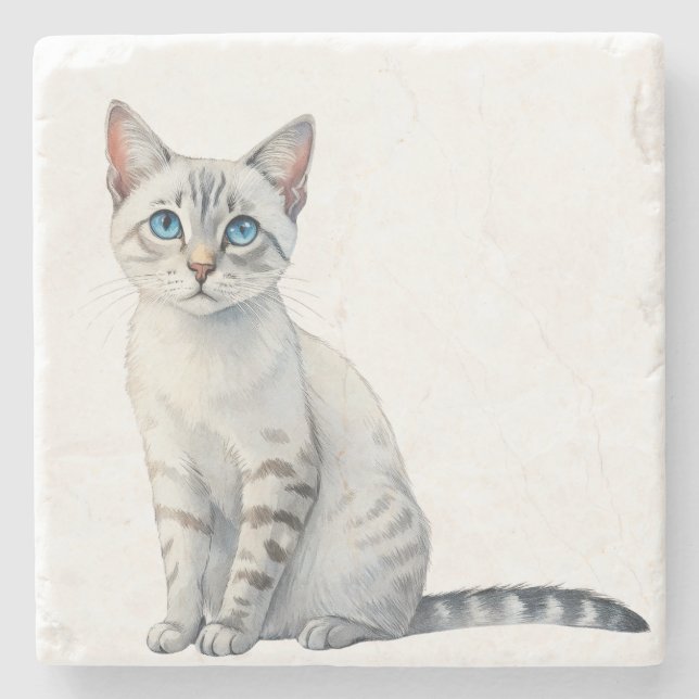 Aegean cat with striking blue eyes stone coaster (Front)