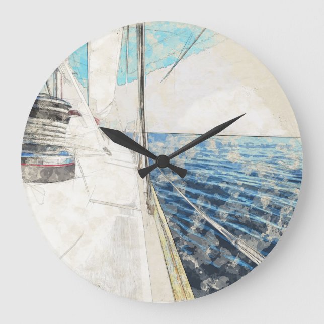 Aegean Sail Vessel Sketch Round Clock – Nautical  (Front)