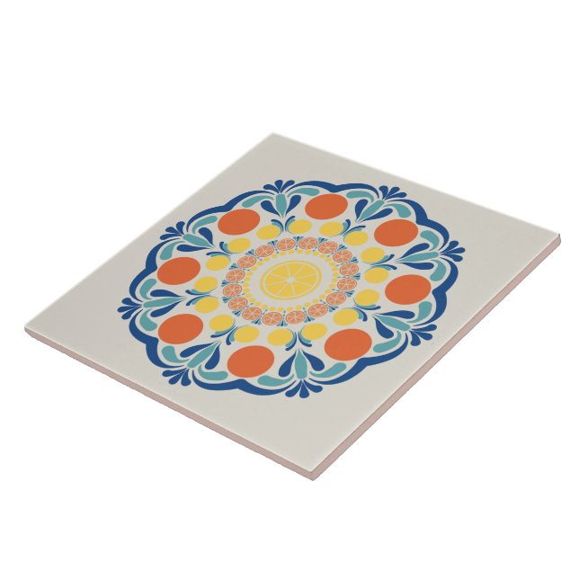 Aegean Summer Oranges And Lemons Dot Mandala Tile (Side)