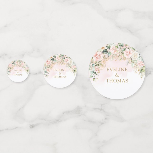 Aereal soft pink roses greenery gold wedding confetti (Fronts)