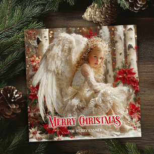 Aerial Christmas angel red poinsettias ethereal  Holiday Card