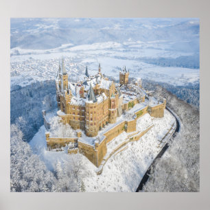 Aerial Hohenzollern Castle: snowy Germany. Poster