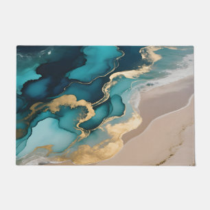 Aerial Ocean Resin Waves Turquoise Gold Coastal Doormat