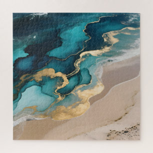 Aerial Ocean Resin Waves Turquoise Gold Coastal Jigsaw Puzzle