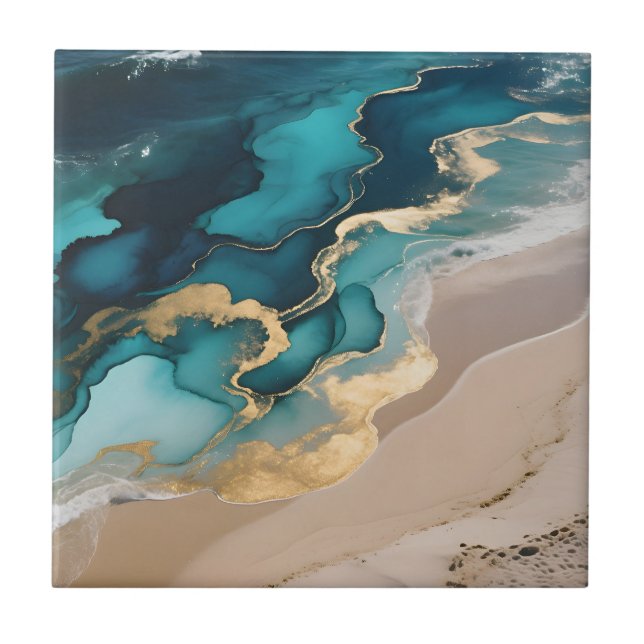 Aerial Ocean Resin Waves Turquoise Gold Coastal Tile (Front)