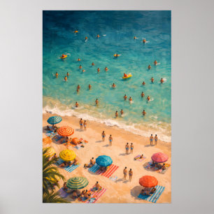 Aerial Ocean Swim Poster, Summer Beach Crowd Wall Poster