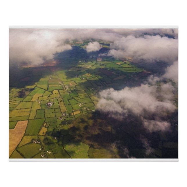 Aerial Patchwork of Irish Farmland and Clouds Poster (Front)