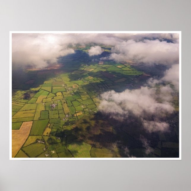 Aerial Patchwork of Irish Farmland and Clouds Poster (Front)