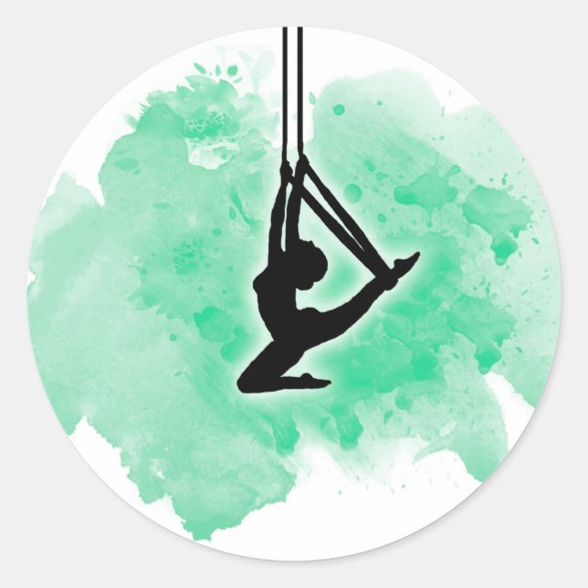 Aerial Silk pose on green watercolor Classic Round Sticker (Front)