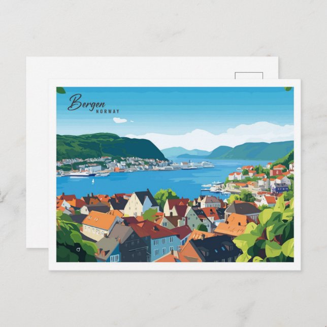 Aerial View Bergen Norway Illustration Travel Postcard (Front/Back)