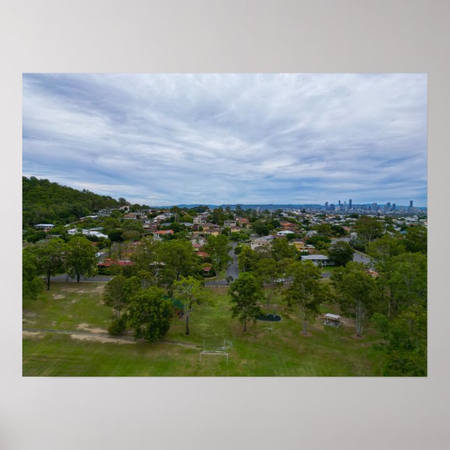 Aerial View Bill Hewitt Reserve Brisbane Skyline Poster (Front)