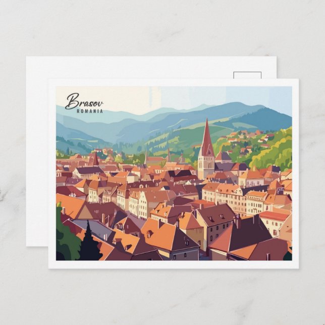 Aerial View Brasov Romania Art Travel Postcard (Front/Back)