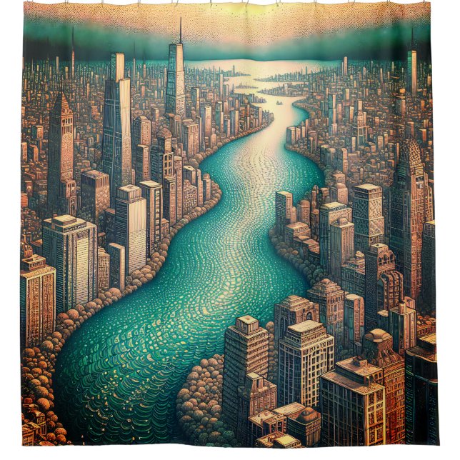 “Aerial View: Cityscape with Wind-Rippled River” Shower Curtain (Front)