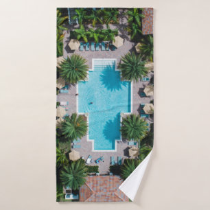 Aerial view of blue and white concrete building su bath towel