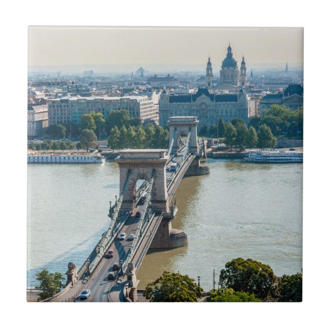 Aerial view of Chain Bridge - Budapest, Hungary Tile (Front)