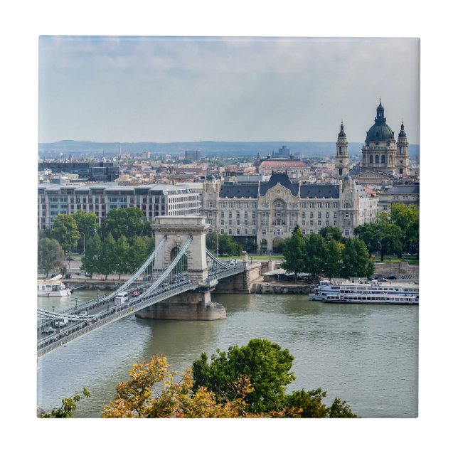 Aerial view of Chain Bridge in Budapest, Hungary Tile (Front)