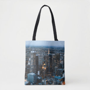 AERIAL VIEW OF CITY BUILDINGS DURING NIGHT TIME TOTE BAG