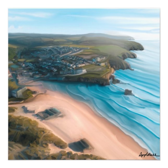 Aerial view of Cornish beach and town painting Photo Print (Front)