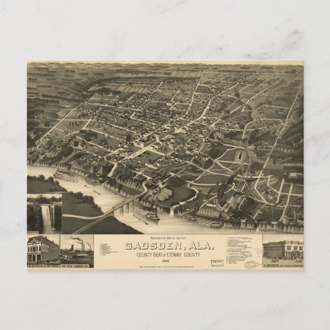 Aerial View of Gadsden, Alabama (1887) Postcard (Front)