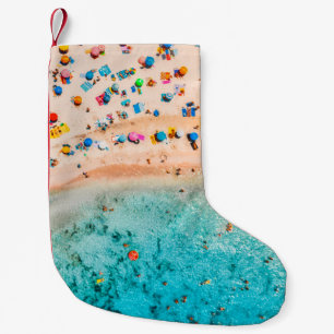 Aerial view of sandy beach with colorful umbrellas small christmas stocking