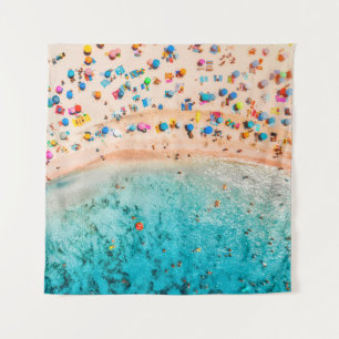 Aerial view of sandy beach with colorful umbrellas tapestry