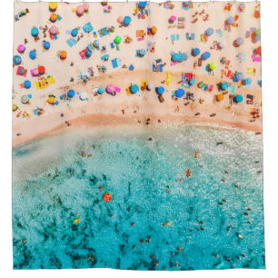 Aerial view of sandy beach with colourful umbrella shower curtain