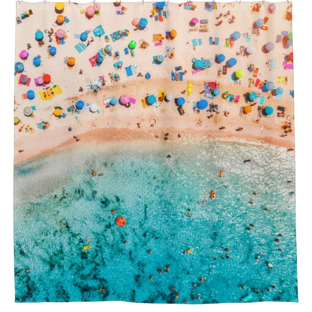 Aerial view of sandy beach with colourful umbrella shower curtain (Front)