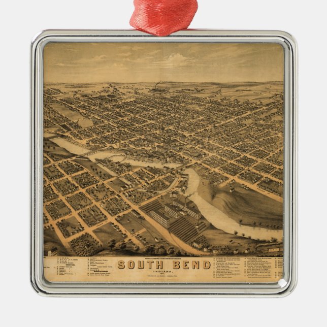 Aerial View of South Bend, Indiana (1874) Metal Tree Decoration (Front)