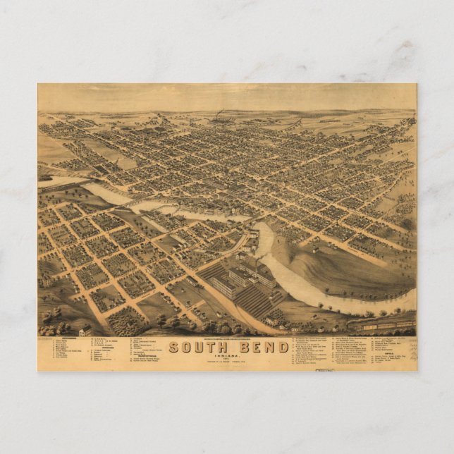Aerial View of South Bend, Indiana (1874) Postcard (Front)