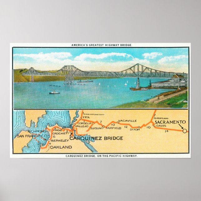 Aerial View of the Carquinez Bridge and Map Poster (Front)