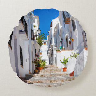 Aerial view of white city Frigiliana in sunny day  Round Cushion