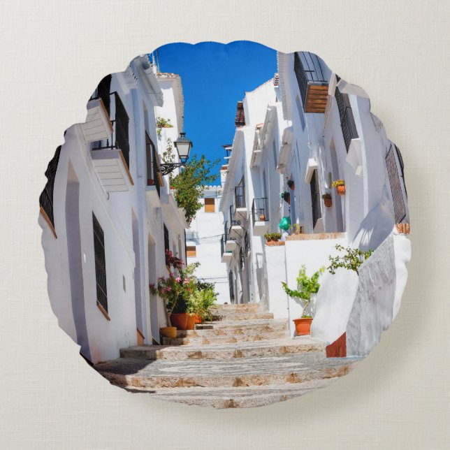 Aerial view of white city Frigiliana in sunny day  Round Cushion (Front)