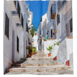 Aerial view of white city Frigiliana in sunny day Shower Curtain