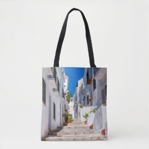 Aerial view of white city Frigiliana in sunny day Tote Bag