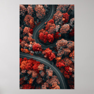 Aerial View of Winding Road Through Red Autumn For Poster